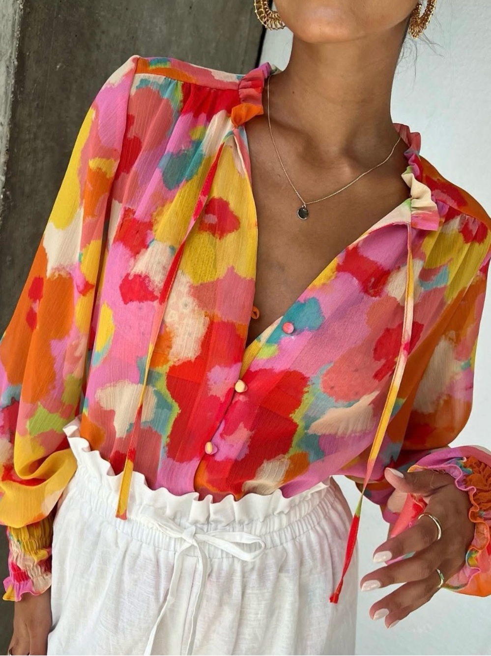 Never Fully Dressed Balloon Ruffle Sleeve Top Size M Collared Button Up